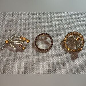 Lot (3) Vintage Amber Yellow Rhinestone Brooch Trio Autumn Fall floral gold tone